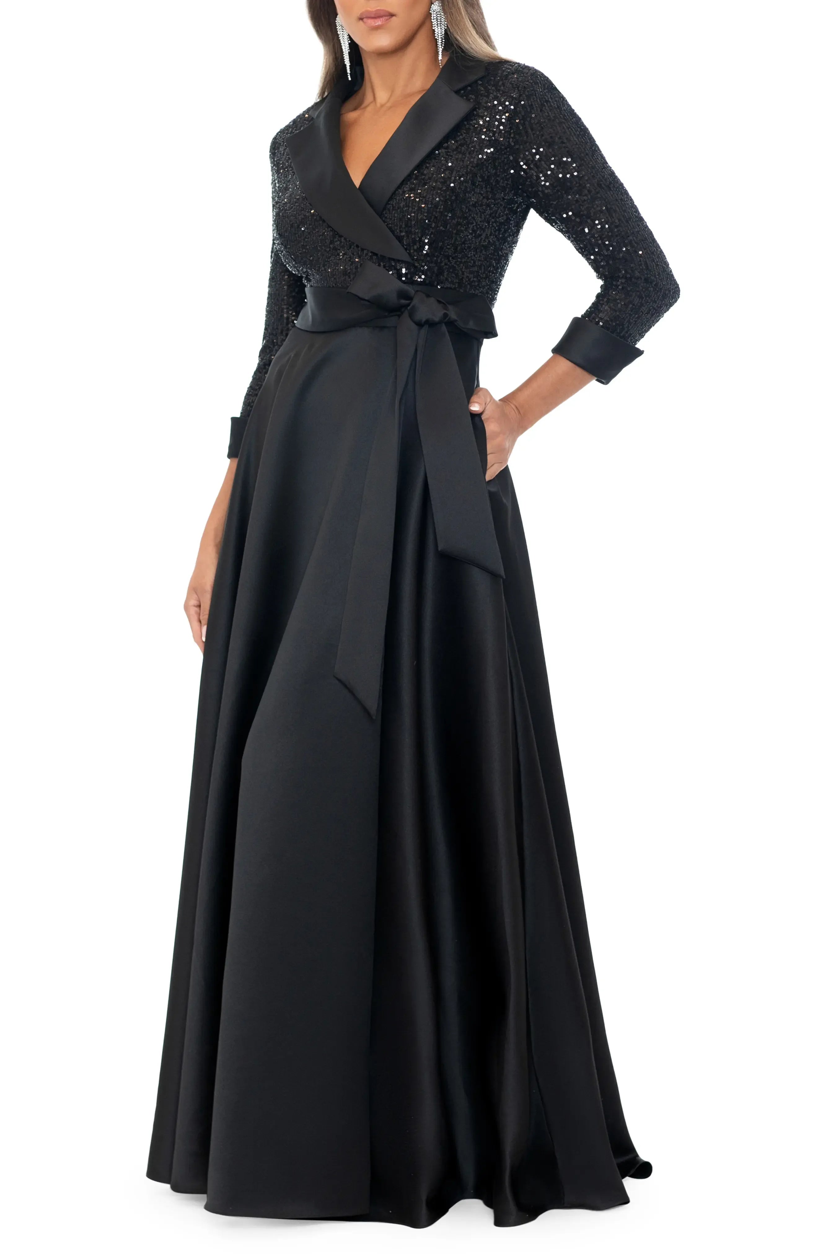 Beautiful A-Line V Neck Long Sleeve Sequin & Satin Floor-Length Prom Dress